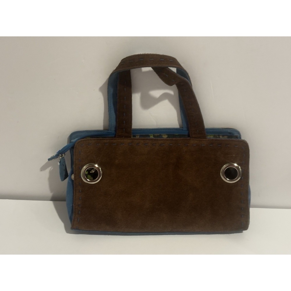 Echo Leather Mini Satchel Handbag Brown Suede Blue Grommet Y2K Boho Purse